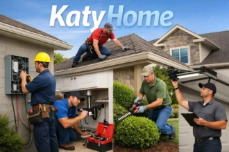 Home service professionals inspecting electrical, plumbing, roofing, landscaping, and garage door systems at a Katy home