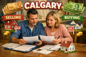 Calgary homeowners reviewing sale proceeds, mortgage papers, and home purchase documents at a dining table
