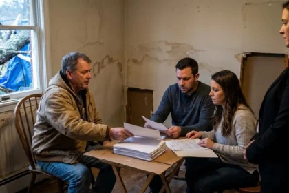 Seller sharing disclosure documents for a storm-damaged home during a buyer meeting.