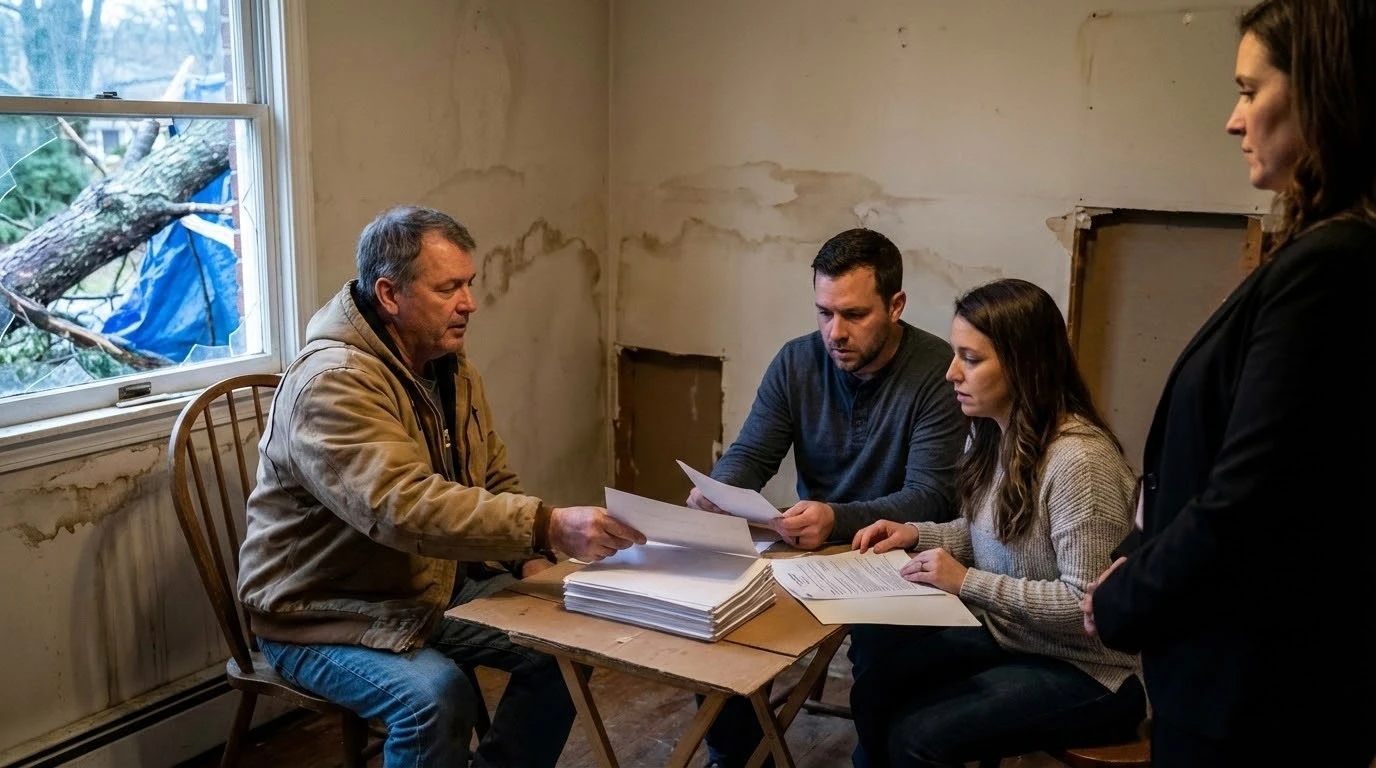 Seller sharing disclosure documents for a storm-damaged home during a buyer meeting.