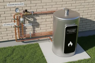 Gas storage water heater installation with gas line and venting in a home