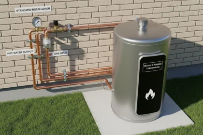 Gas storage water heater installation with gas line and venting in a home