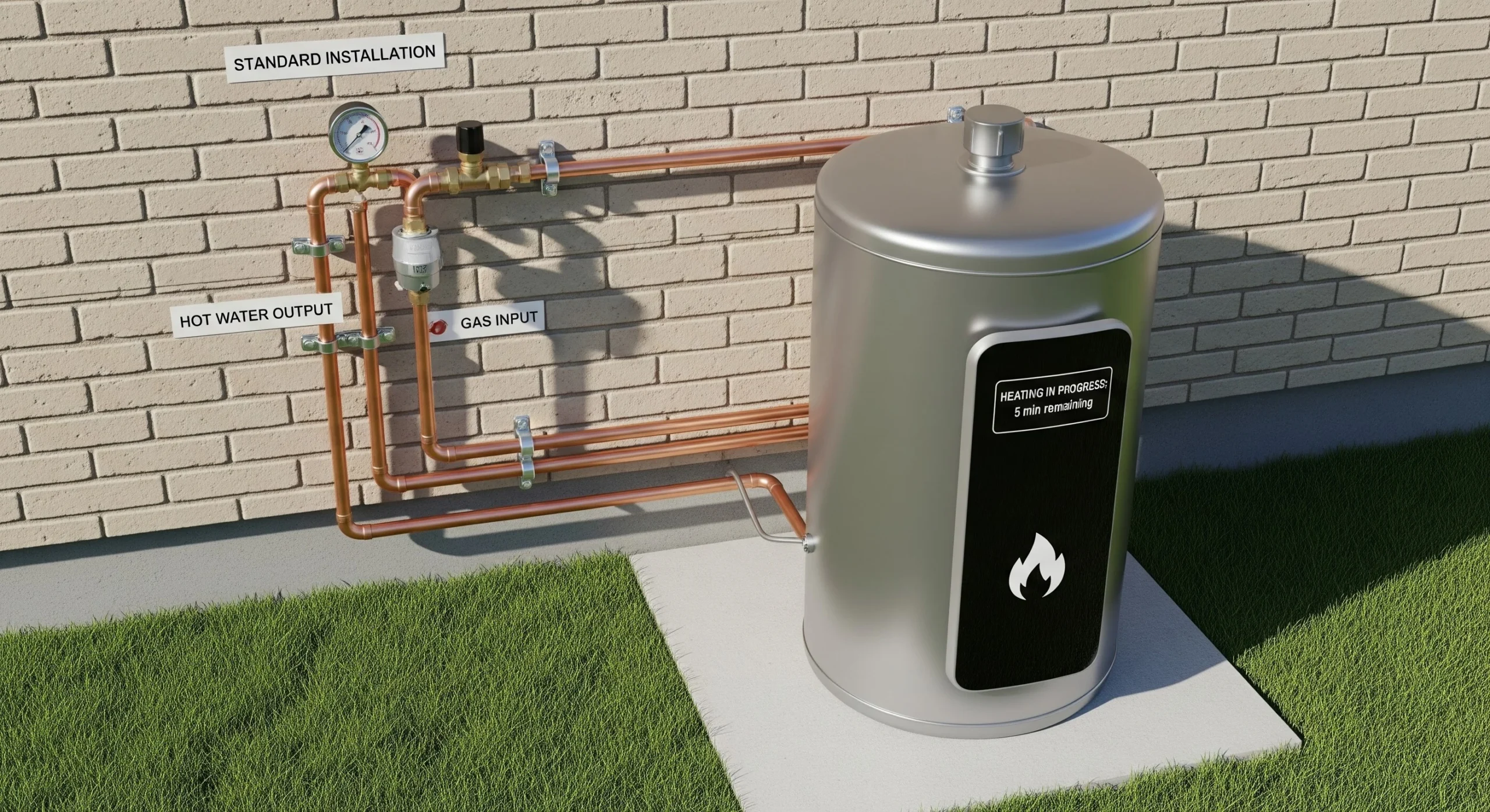 Gas storage water heater installation with gas line and venting in a home