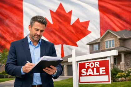 Canadian realtor reviewing listing paperwork outside a sold home in a residential neighborhood