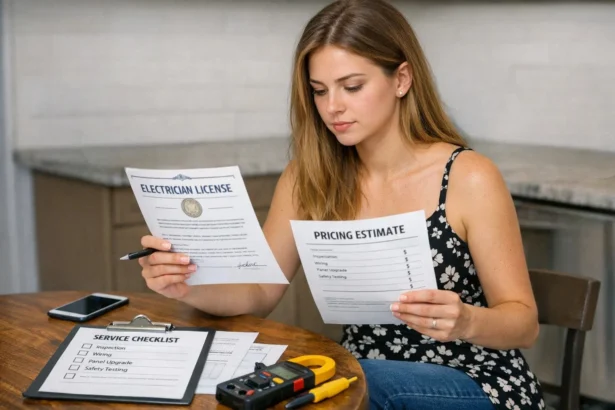 Homeowner reviewing electrician license, pricing, and service checklist before hiring