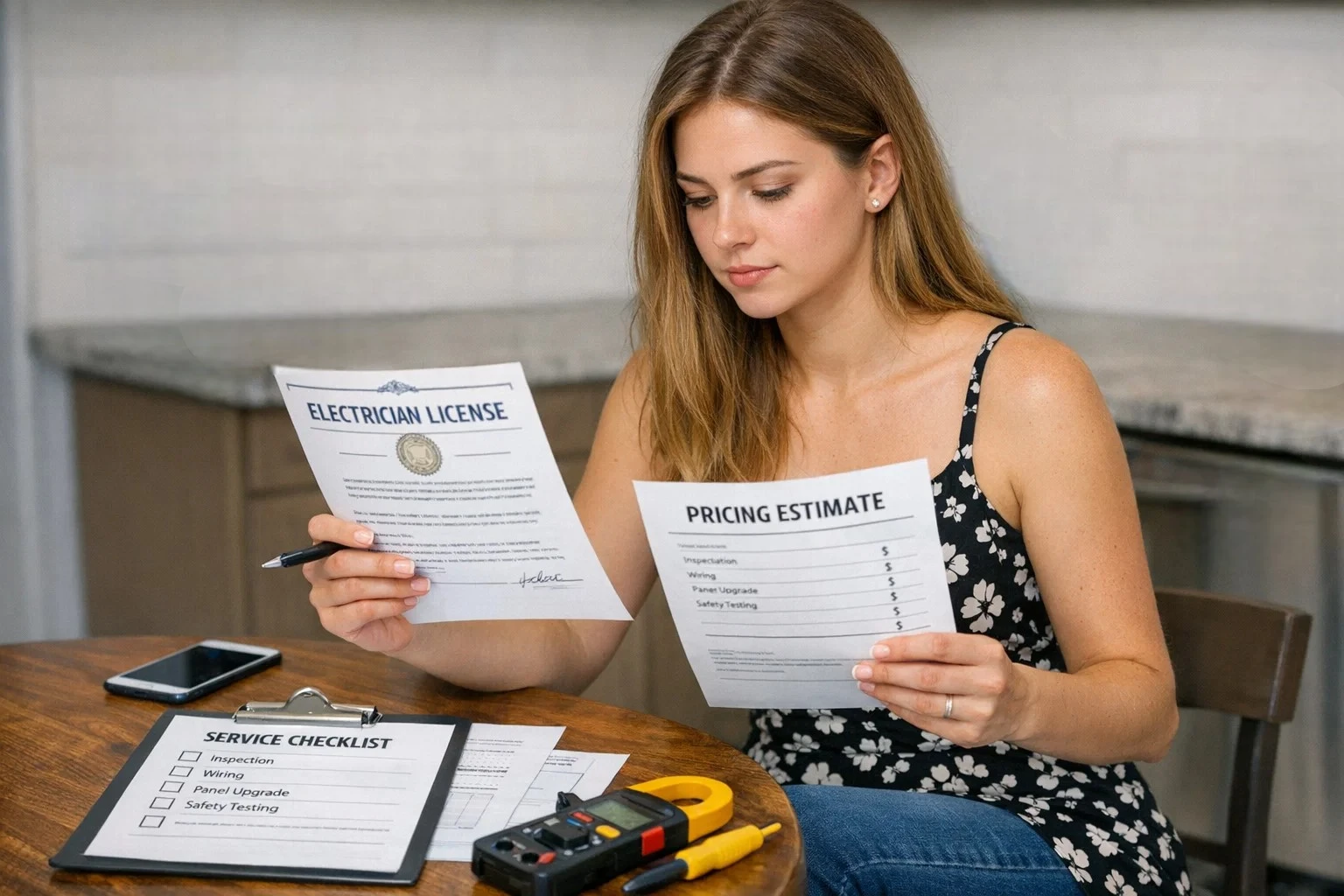 Homeowner reviewing electrician license, pricing, and service checklist before hiring
