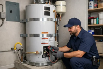 Licensed plumber servicing a water heater in a Los Angeles property utility room with seismic straps and code-compliant installation