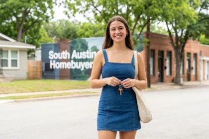 Young homebuyer in an established South Austin neighborhood with local shops and tree-lined streets