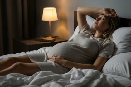 Pregnant woman resting in a cool bedroom at night while managing early pregnancy night sweats.