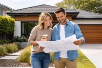 Melbourne homeowners reviewing plans outside a modern suburban home