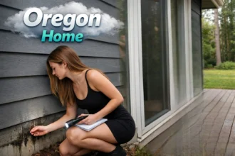 Homeowner inspecting the exterior of an Oregon house near shrubs, gutters, and foundation areas