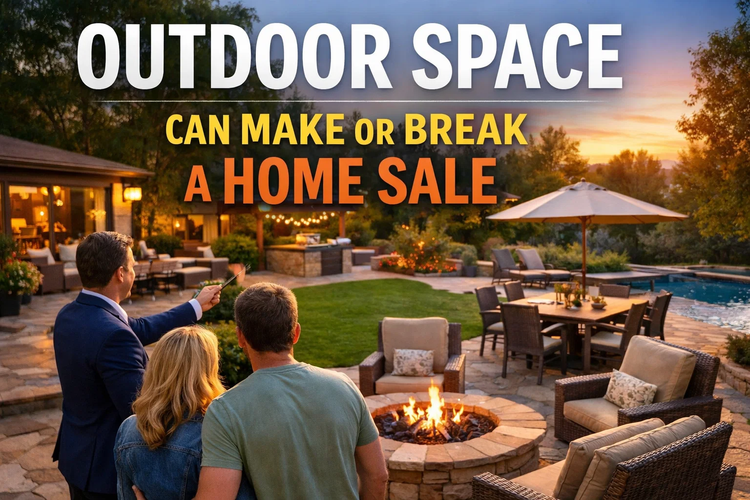 Real estate agent showing buyers a landscaped backyard with a fire pit, patio seating, and pool at sunset.