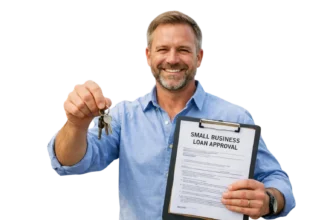 Small business owner holding keys and loan documents outside an owner-occupied commercial building in Dallas