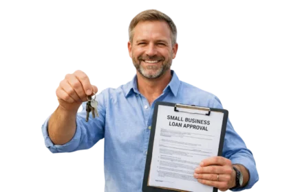 Small business owner holding keys and loan documents outside an owner-occupied commercial building in Dallas