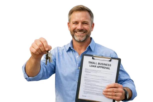 Small business owner holding keys and loan documents outside an owner-occupied commercial building in Dallas
