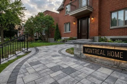 Interlocking paver walkway leading to the front door of a Montreal home