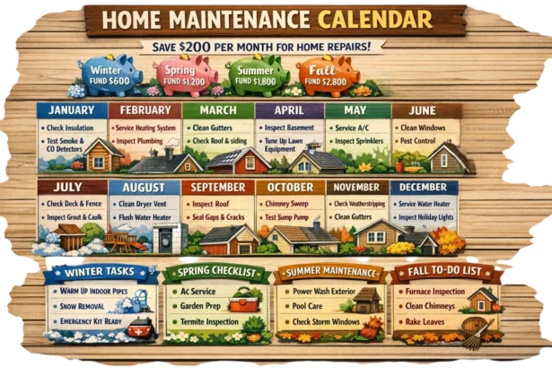 Home maintenance calendar with monthly savings and seasonal repair reminders