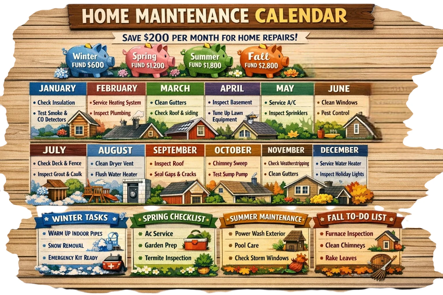 Home maintenance calendar with monthly savings and seasonal repair reminders
