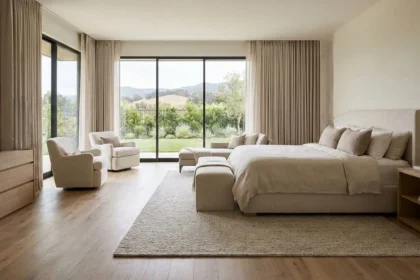Luxury primary bedroom with hardwood floors, neutral palette, and oversized windows