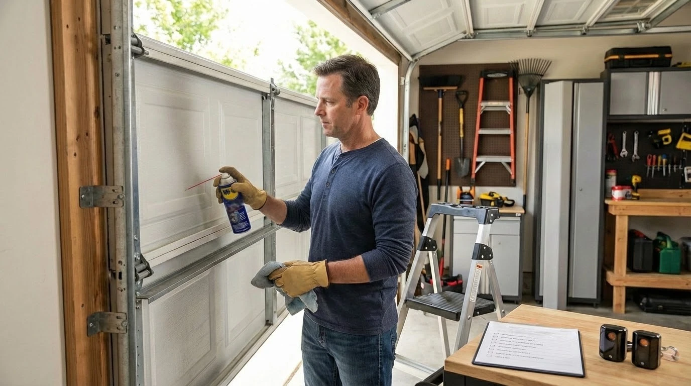 Routine garage door maintenance with lubrication and safety checks