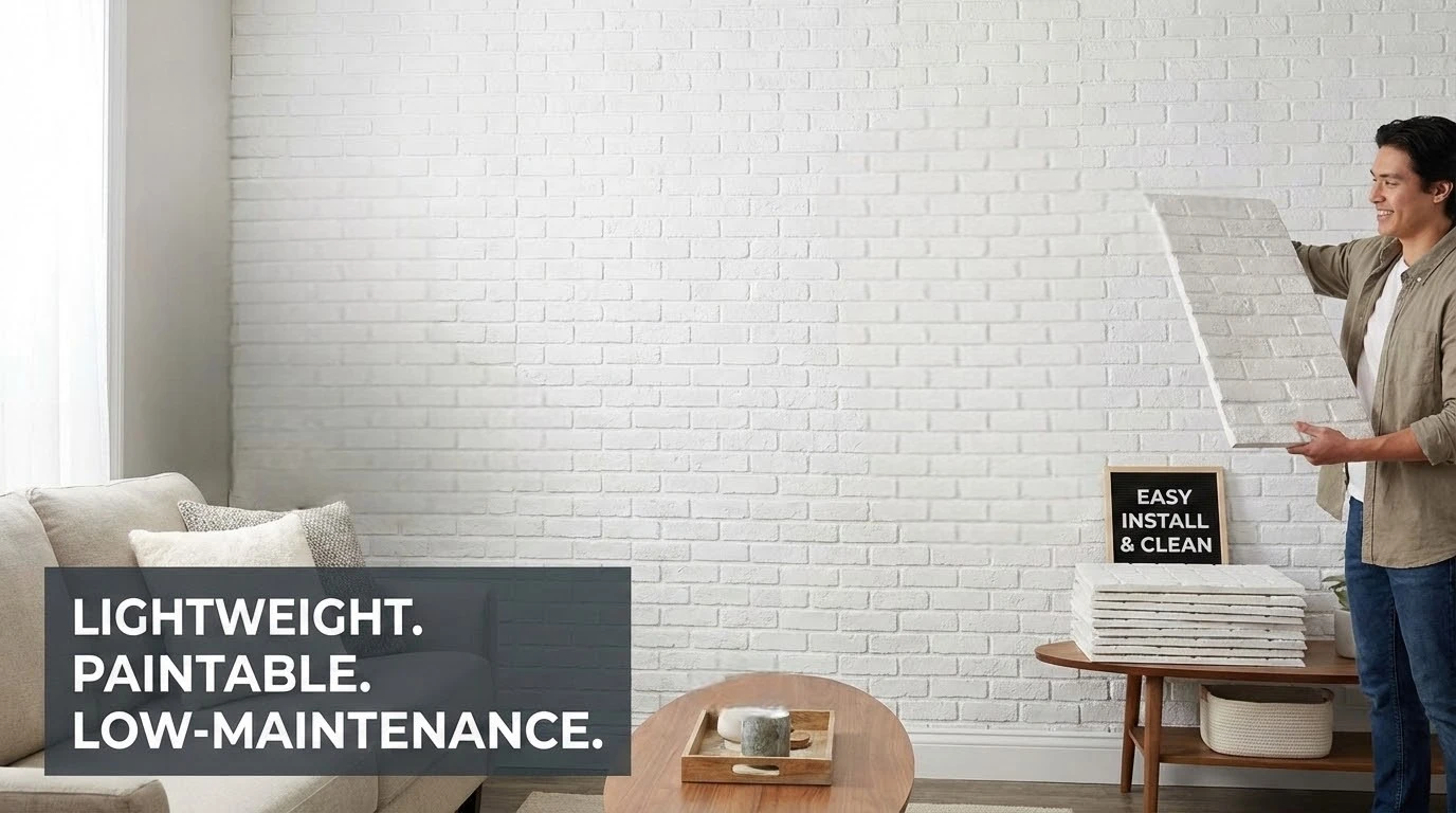 Finished faux brick feature wall showing practical benefits in a modern interior