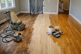 Hardwood floor refinishing in progress before listing a home