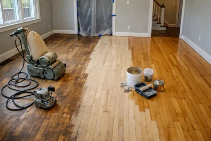 Hardwood floor refinishing in progress before listing a home