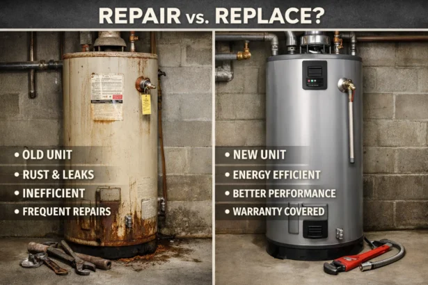 Old and new water heaters compared for repair versus replacement decision