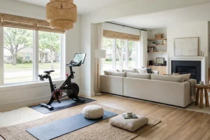 Home wellness corner with infrared sauna in Dallas house