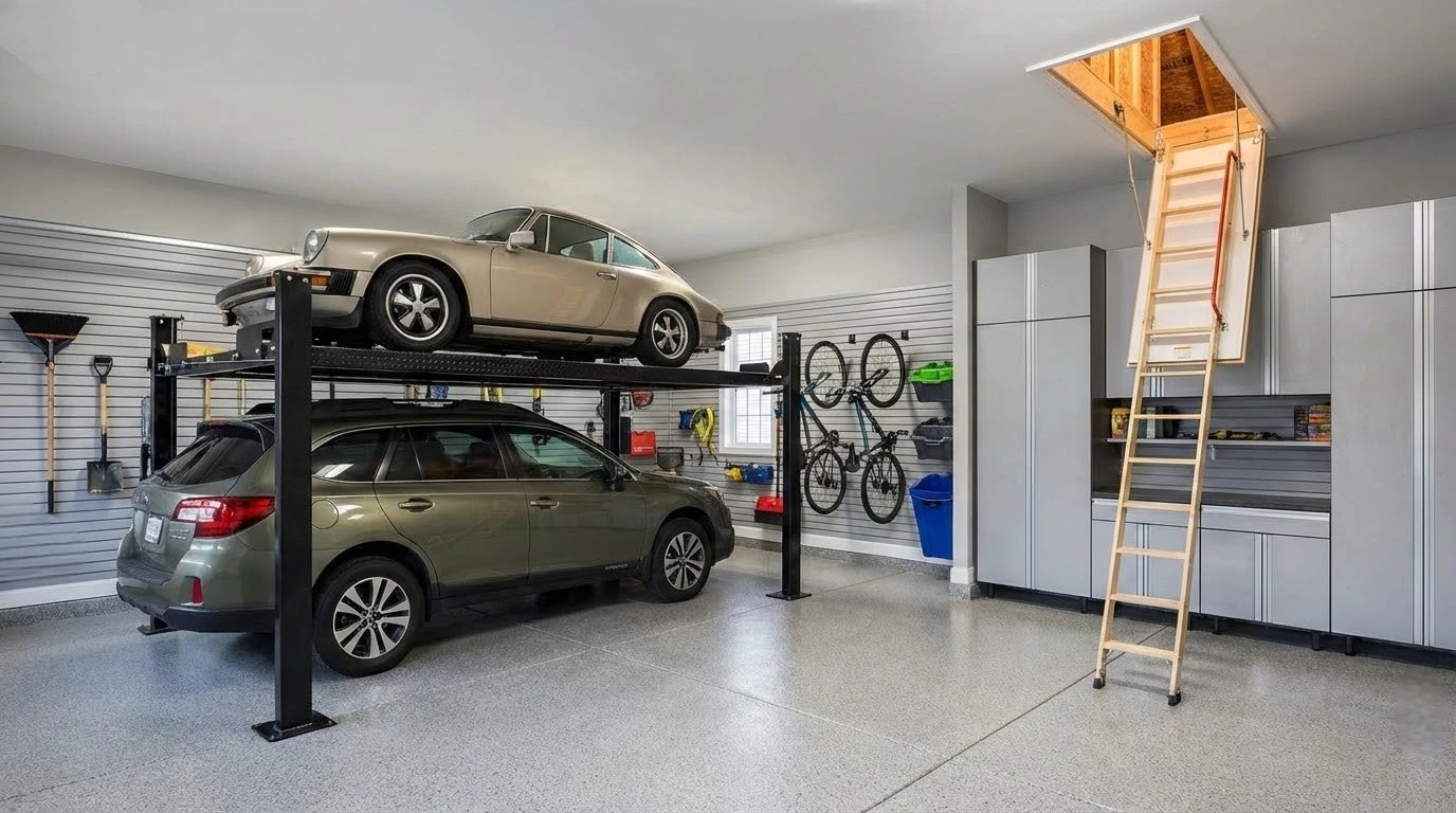 Organized residential garage with vertical storage, a car lift, and attic stairs