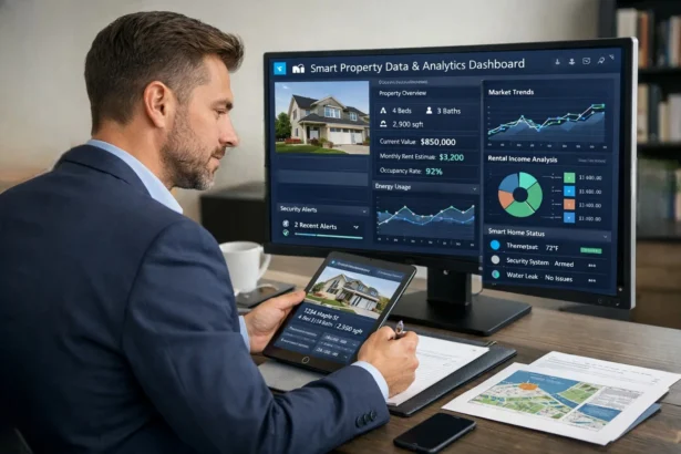 Real estate agent reviewing smart property data and analytics dashboard