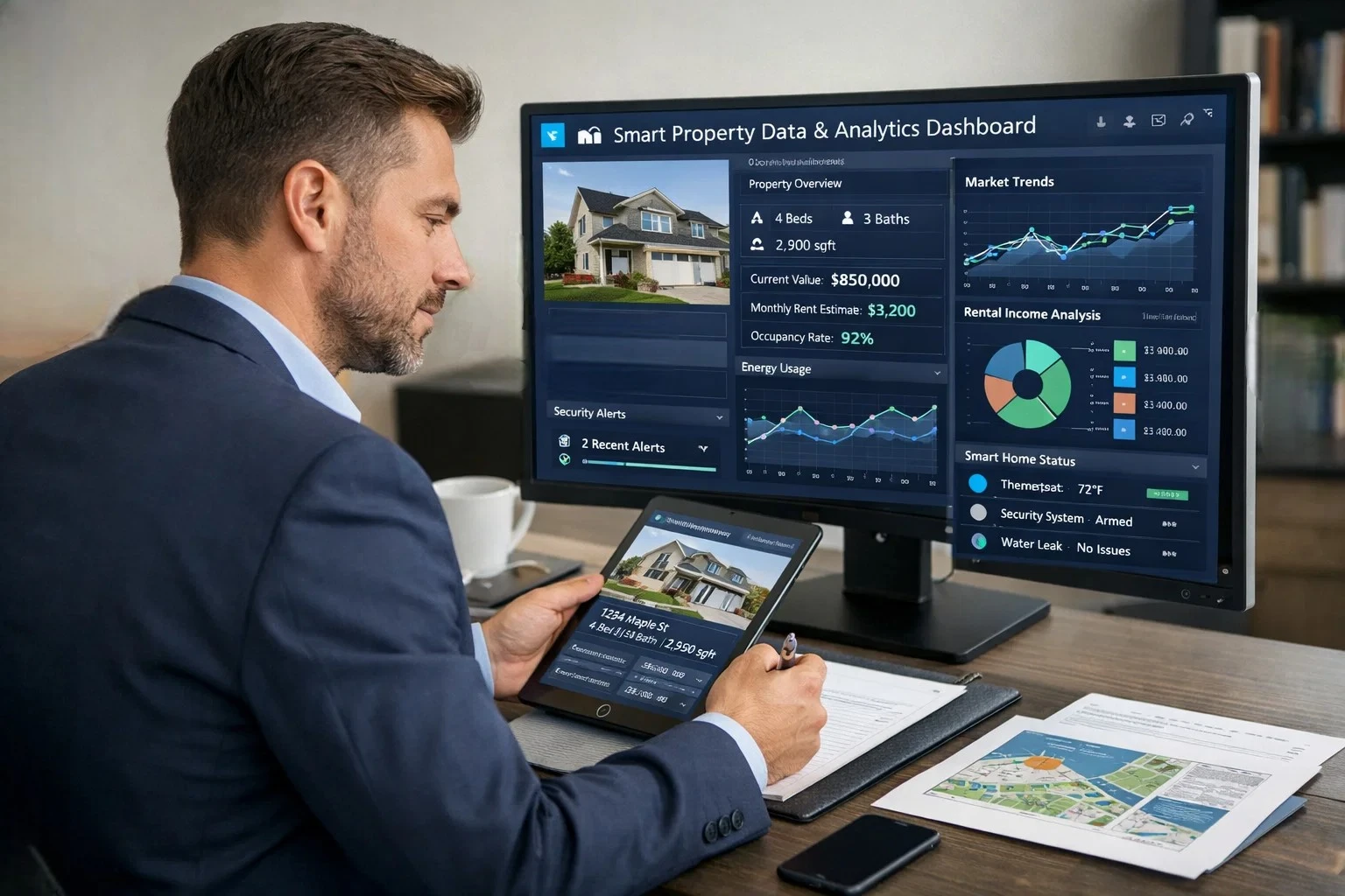 Real estate agent reviewing smart property data and analytics dashboard