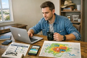 Prospective renter researching neighborhoods and rental listings online