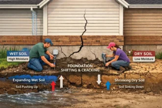 Soil moisture sensors placed around a home’s foundation monitor differences in moisture levels below the surface.