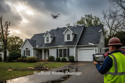 Storm-damage roof inspection at a Stafford, Texas home with drone assessment after hail and wind.
