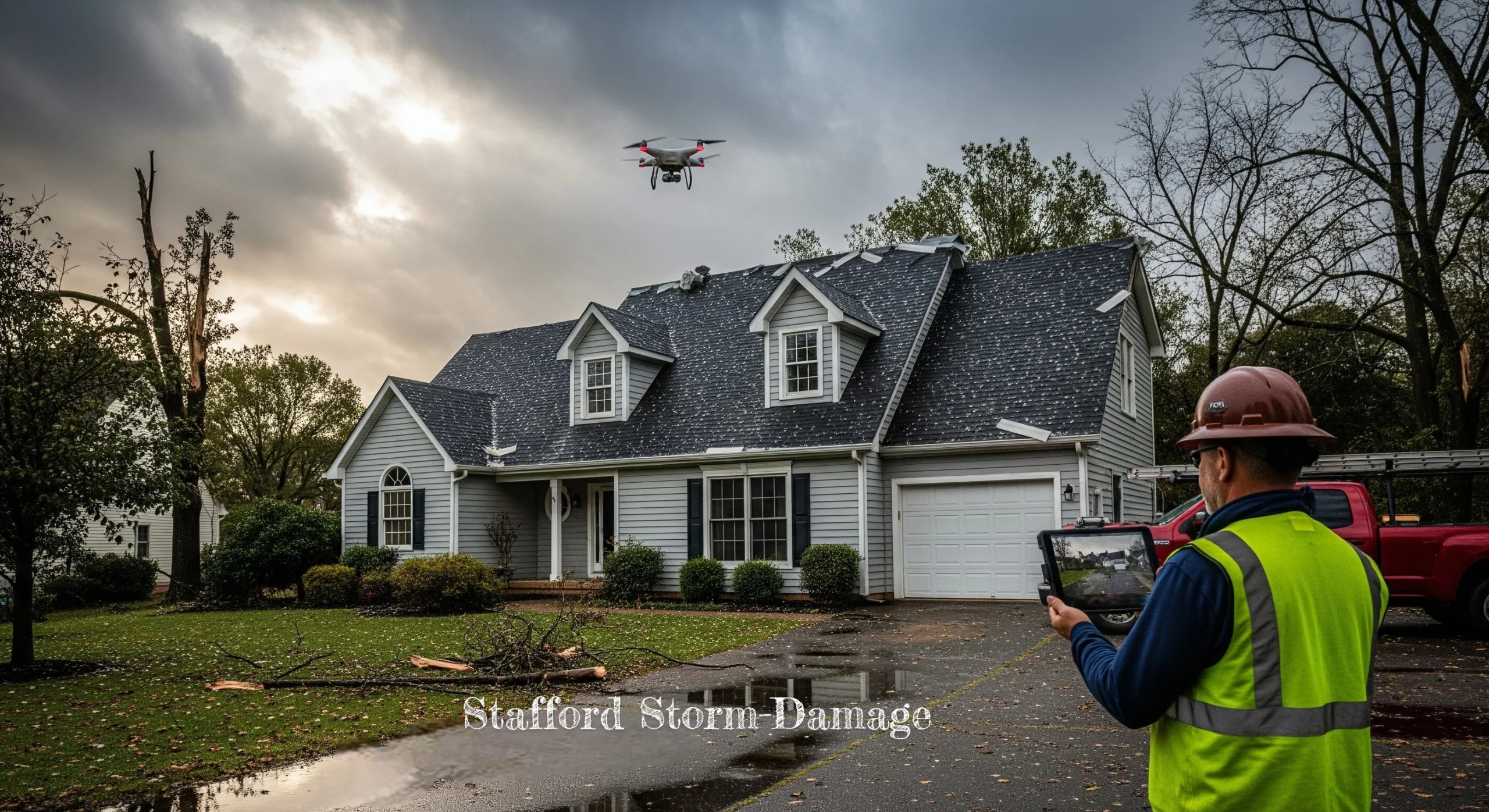 Storm-damage roof inspection at a Stafford, Texas home with drone assessment after hail and wind.