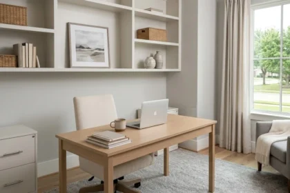 Staged Dallas home office with neutral decor, tidy storage, and buyer-friendly layout
