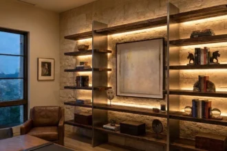 Statement focal piece in a Dallas home office with warm accent lighting