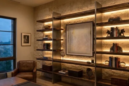 Statement focal piece in a Dallas home office with warm accent lighting