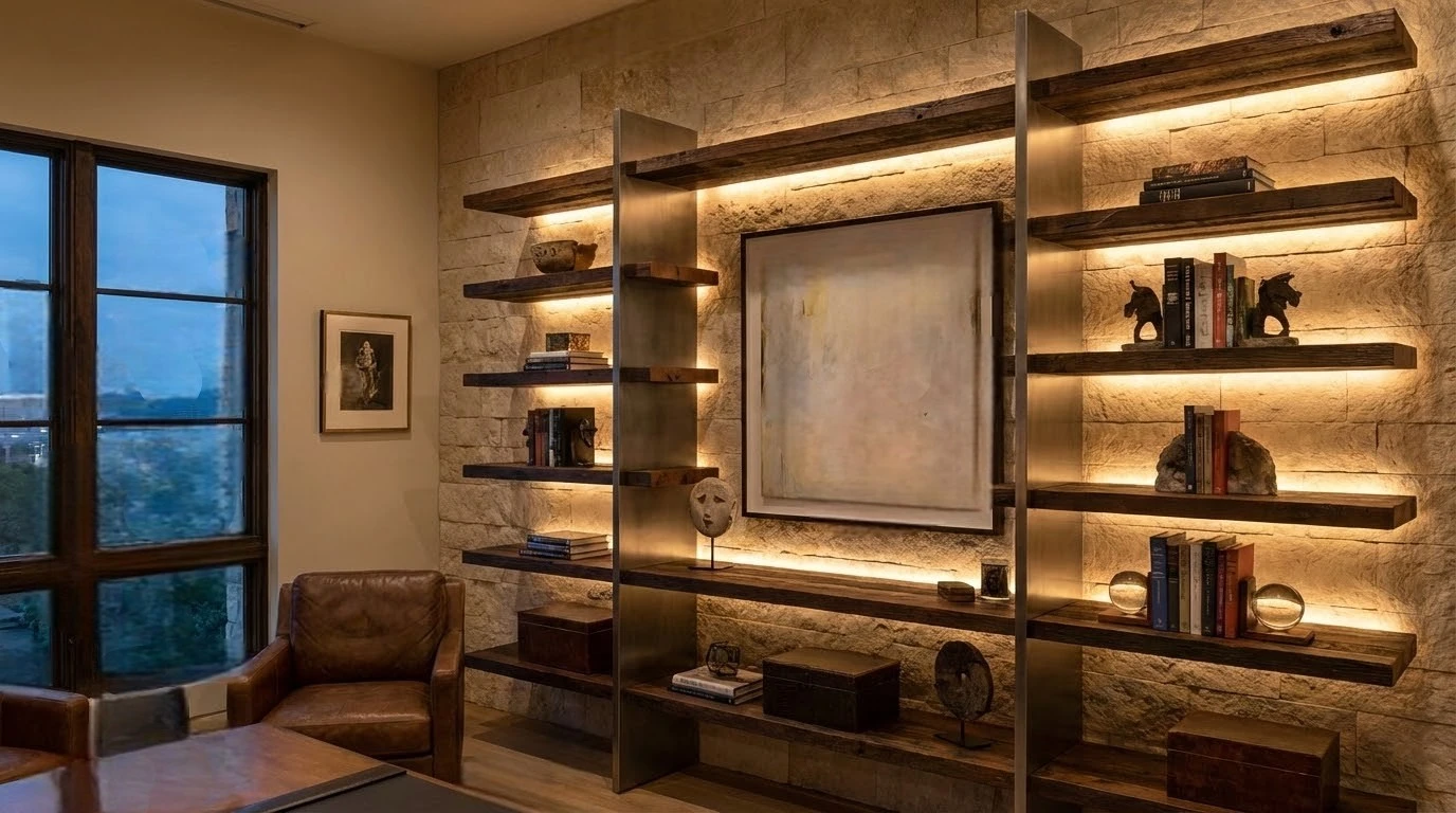 Statement focal piece in a Dallas home office with warm accent lighting