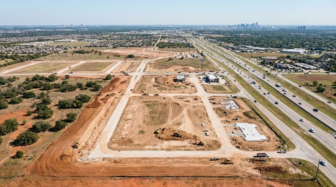 Aerial view of development-stage land near a North Texas highway corridor