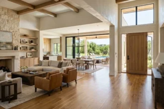 Luxury Austin home with cohesive whole-home interior design connecting living, dining, and outdoor spaces.