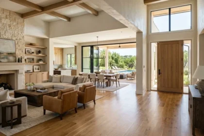 Luxury Austin home with cohesive whole-home interior design connecting living, dining, and outdoor spaces.