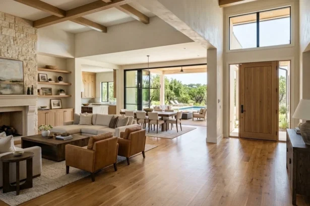 Luxury Austin home with cohesive whole-home interior design connecting living, dining, and outdoor spaces.