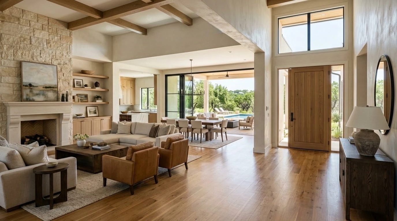 Luxury Austin home with cohesive whole-home interior design connecting living, dining, and outdoor spaces.