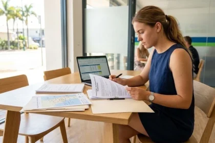 Australian property buyer reviewing contracts, finance documents, and regional details before settlement
