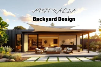 Australian-inspired Dallas backyard with steel shed, shade sail, permeable paving, and drought-tolerant landscaping