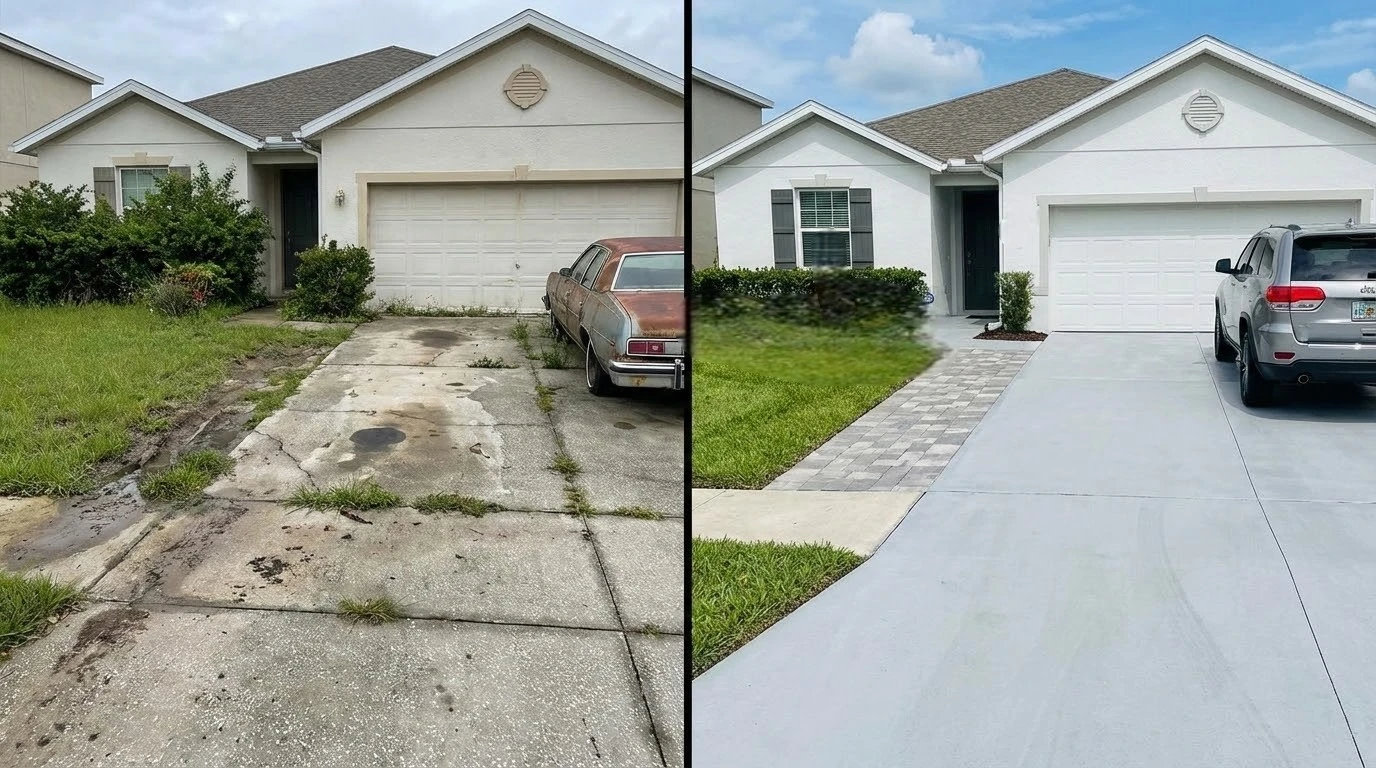 Clean driveway and tidy walkway improving a home’s exterior appearance