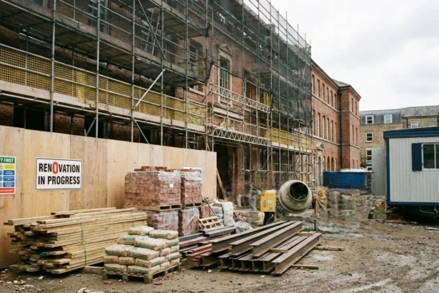 Construction materials and temporary structures at an active renovation site
