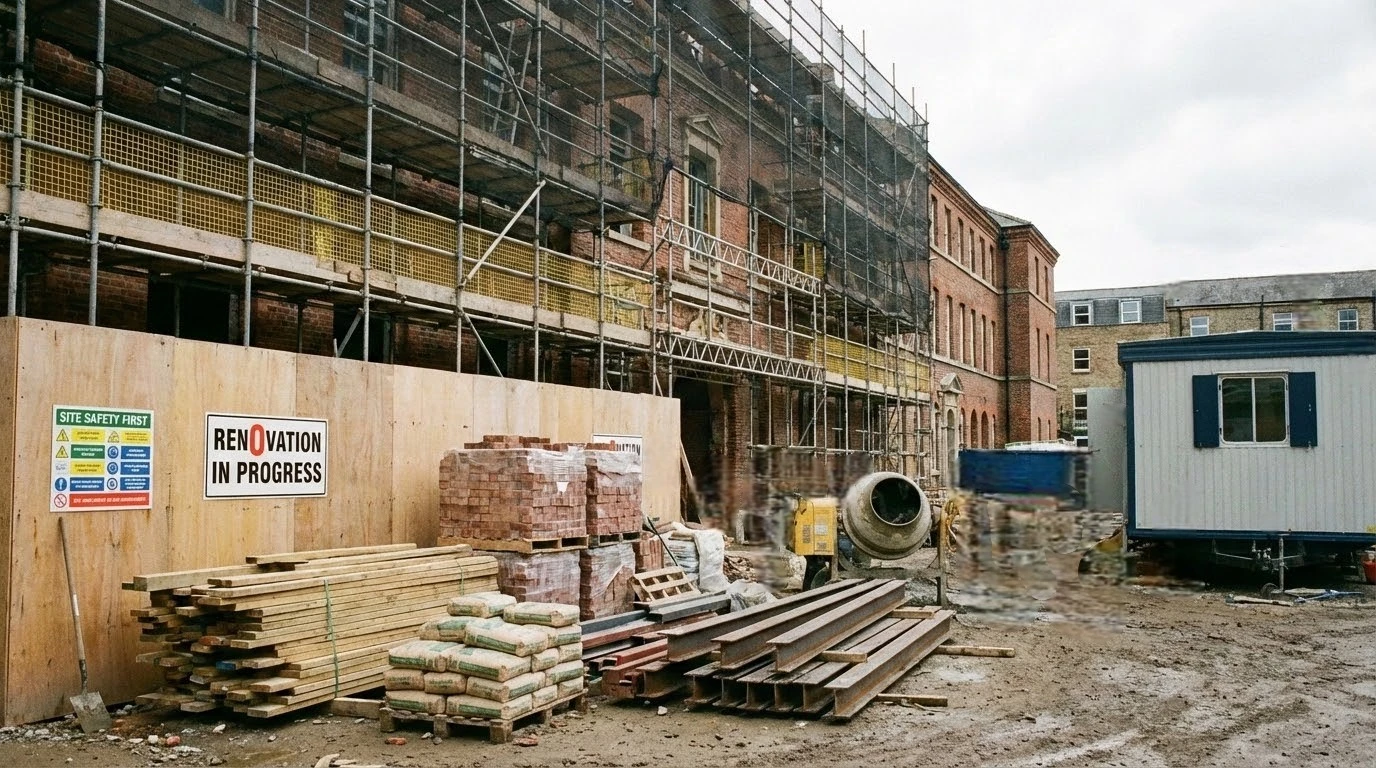Construction materials and temporary structures at an active renovation site